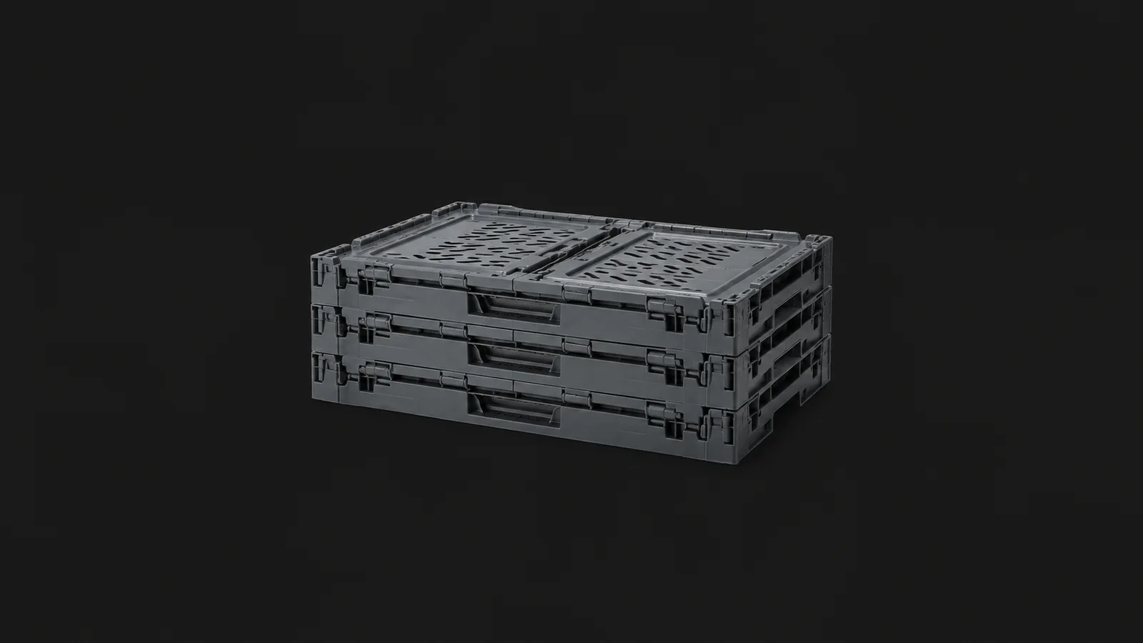 Isolated a folded stack of collapsible plastic crates with hinged sides centred on a seamless deep charcoal near-black studio background, generous empty margin on every side for overlaid branding