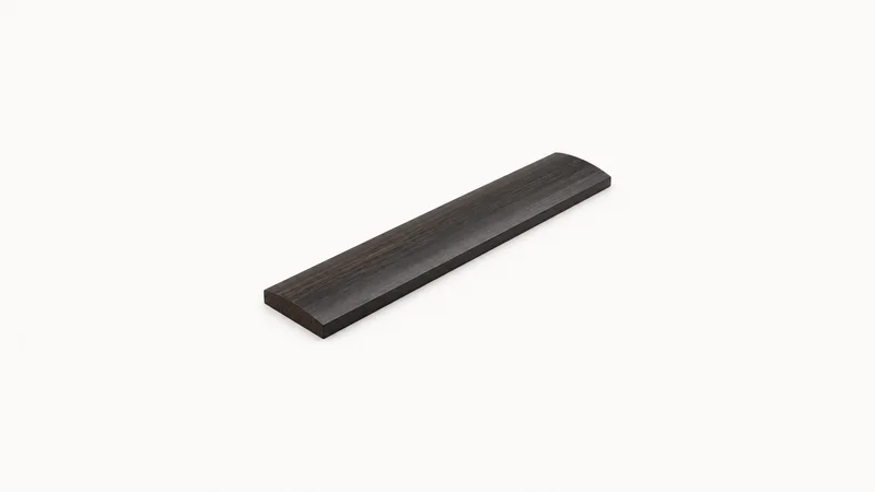 Isolated an ebony fingerboard blank with radiused top and unslotted face centred on a seamless pale off-white studio background, generous empty margin on every side for overlaid branding