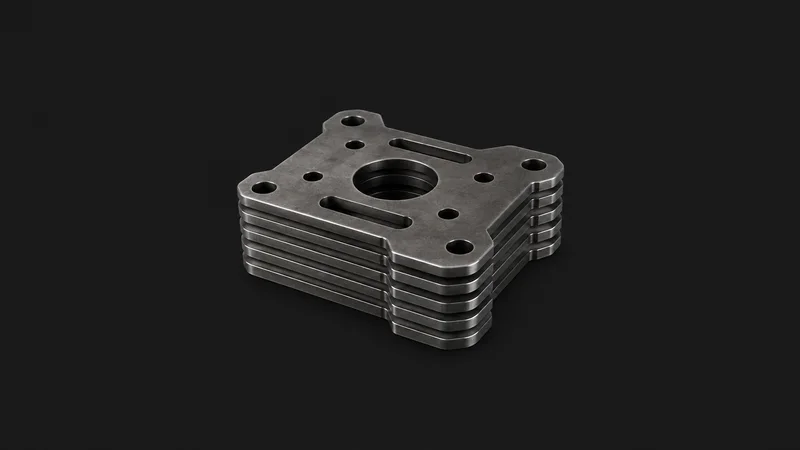 Isolated a stack of laser-cut steel blanks with a slag-free edge centred on a seamless deep charcoal near-black studio background, generous empty margin on every side for overlaid branding