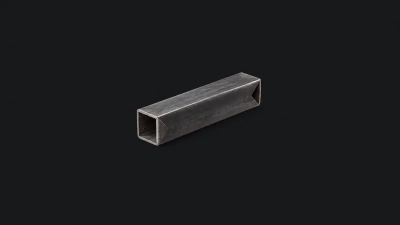 Isolated a length of square hollow-section steel tube with mitred ends centred on a seamless deep charcoal near-black studio background, generous empty margin on every side for overlaid branding