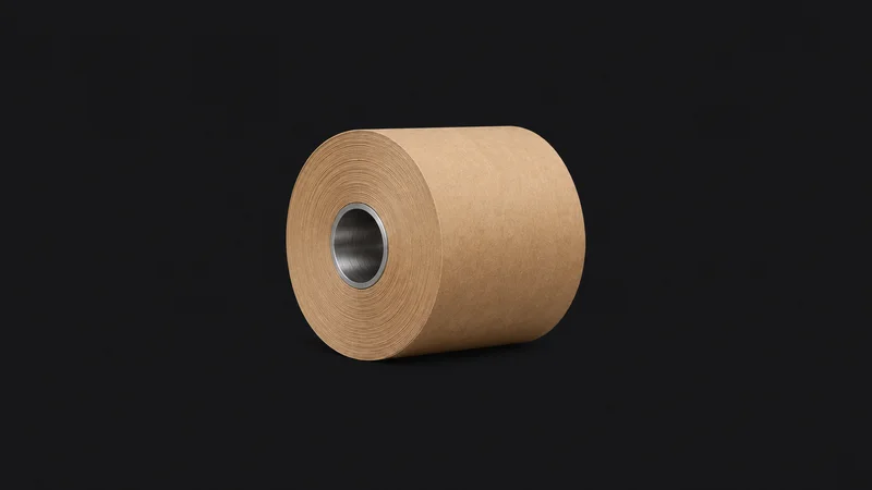 Isolated a roll of brown kraft liner paper on a steel core centred on a seamless deep charcoal near-black studio background, generous empty margin on every side for overlaid branding