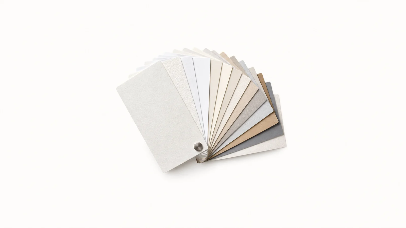 Isolated a paper sample swatch book fanned open centred on a seamless pale off-white studio background, generous empty margin on every side for overlaid branding
