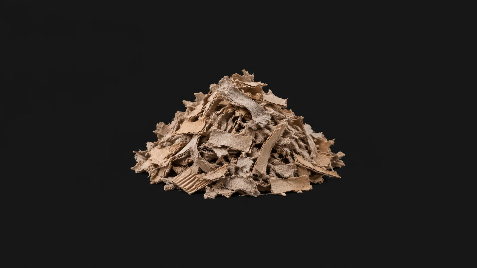 Isolated a pile of shredded cardboard pulp fibre centred on a seamless deep charcoal near-black studio background, generous empty margin on every side for overlaid branding