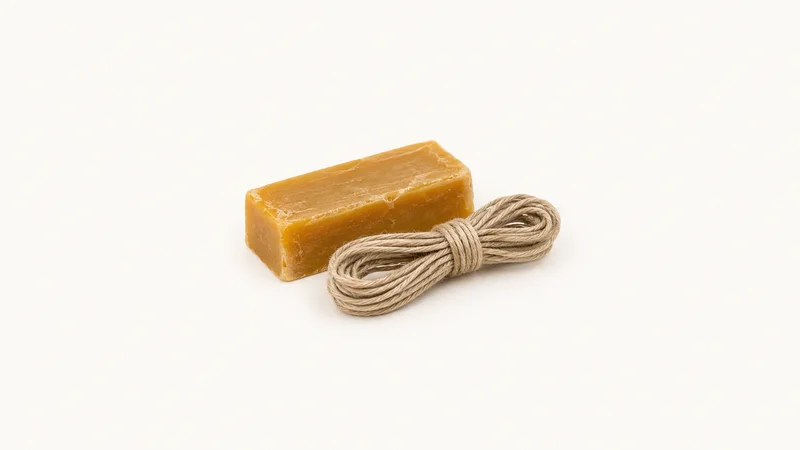Isolated a bar of saddler's beeswax with linen thread centred on a seamless pale off-white studio background, generous empty margin on every side for overlaid branding