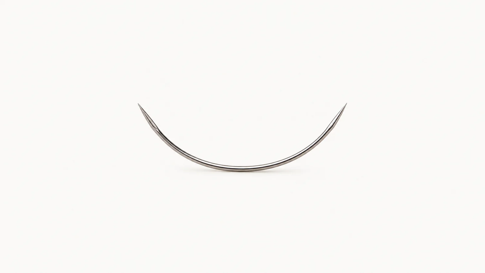 Isolated a curved double-pointed upholstery needle set centred on a seamless pale off-white studio background, generous empty margin on every side for overlaid branding