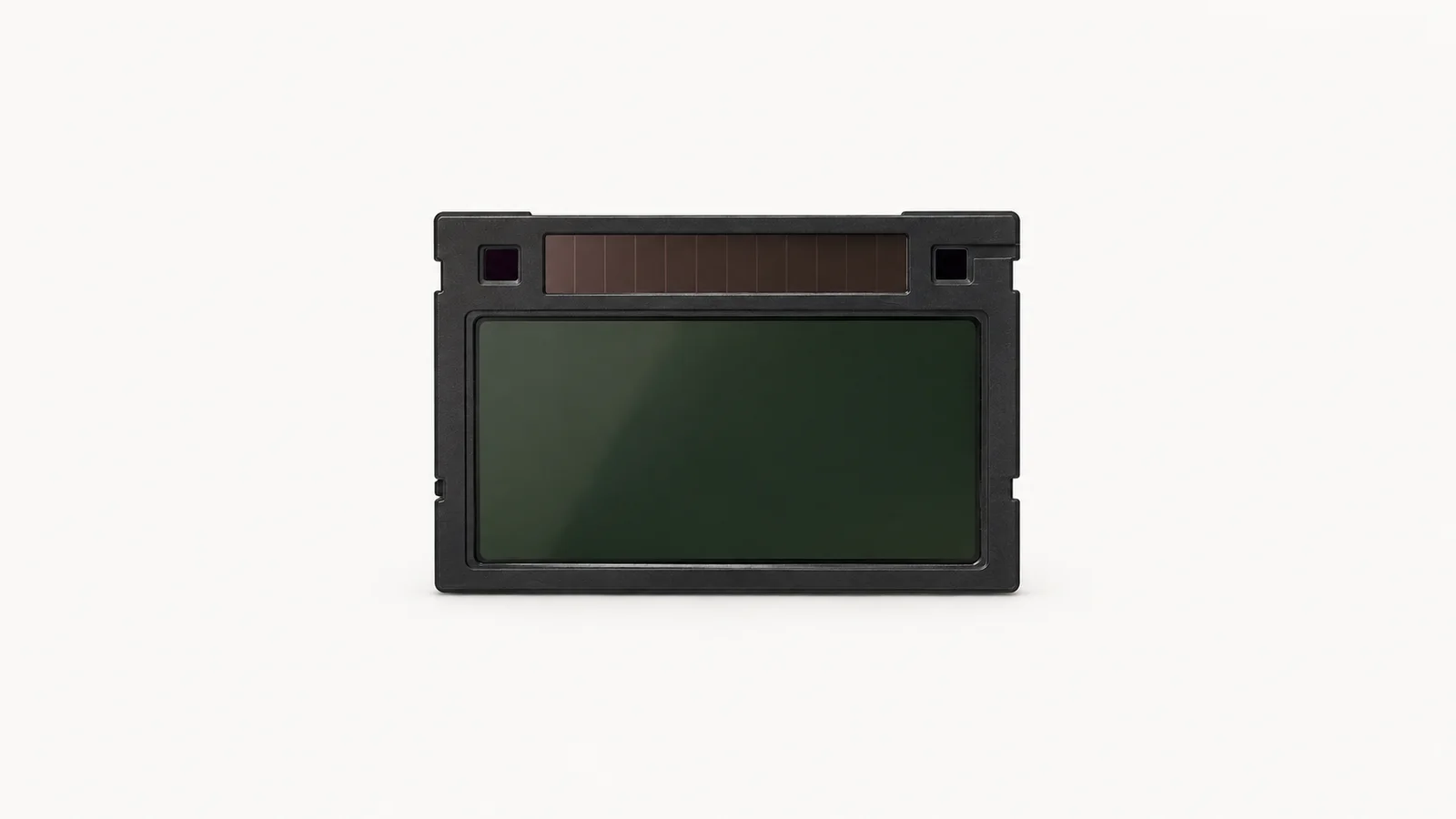 Isolated an auto-darkening welding helmet lens centred on a seamless pale off-white studio background, generous empty margin on every side for overlaid branding