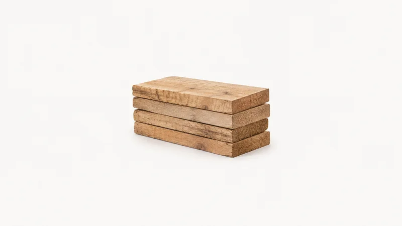 Isolated a stack of rough-sawn oak boards centred on a seamless pale off-white studio background, generous empty margin on every side for overlaid branding