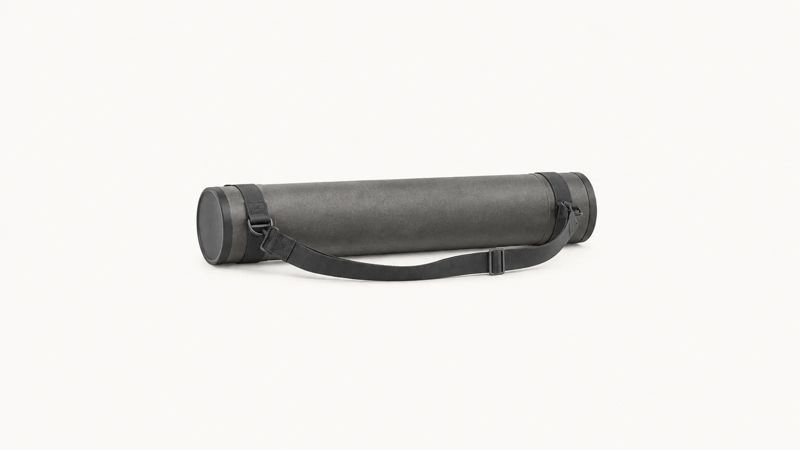 Isolated a drawing tube with a shoulder strap centred on a seamless pale off-white studio background, generous empty margin on every side for overlaid branding