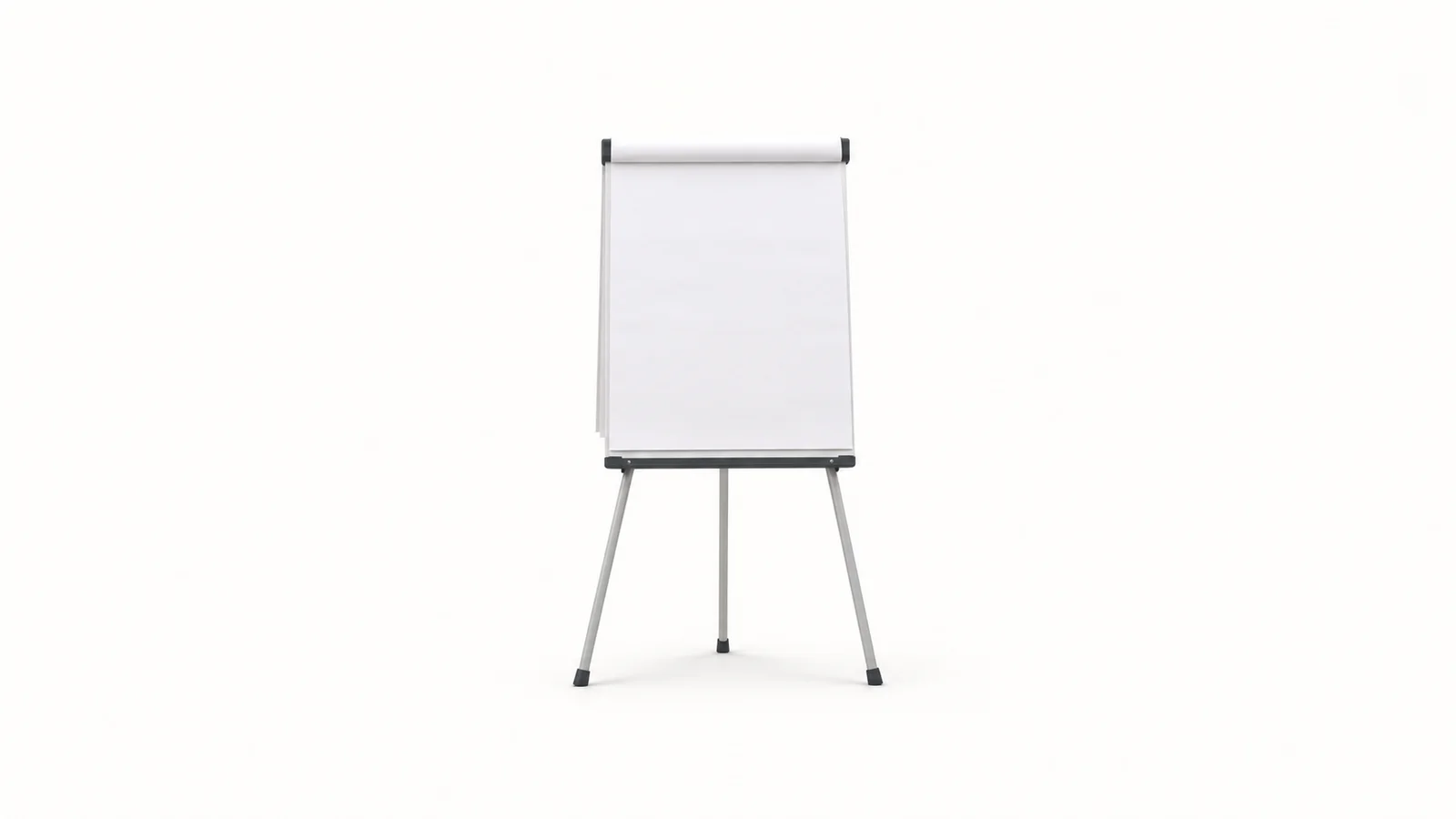 Isolated a stack of blank flip-chart pads on an easel centred on a seamless pale off-white studio background, generous empty margin on every side for overlaid branding