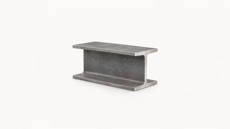 Isolated a steel structural I-beam section cut to a short length centred on a seamless pale off-white studio background, generous empty margin on every side for overlaid branding