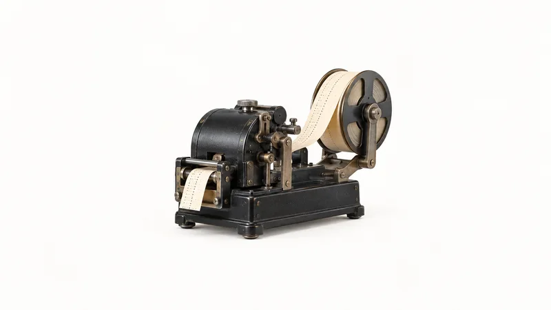 Isolated a mechanical stock ticker with a paper tape spool centred on a seamless pale off-white studio background, generous empty margin on every side for overlaid branding