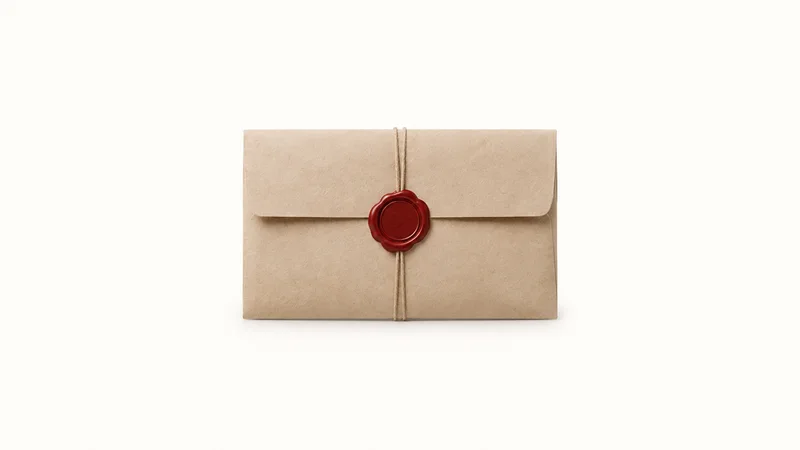 Isolated a sealed document wallet with a wax-style seal centred on a seamless pale off-white studio background, generous empty margin on every side for overlaid branding