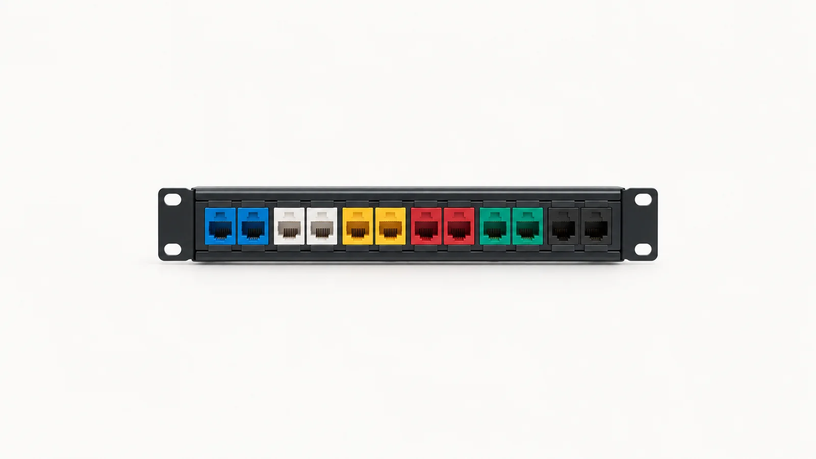 Isolated a keystone jack panel of coloured ports centred on a seamless pale off-white studio background, generous empty margin on every side for overlaid branding