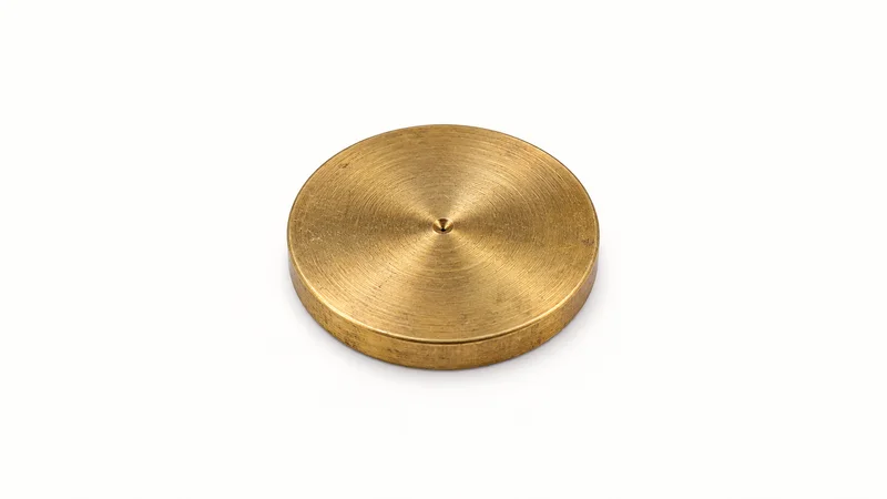 Isolated a brass property boundary marker disc centred on a seamless pale off-white studio background, generous empty margin on every side for overlaid branding