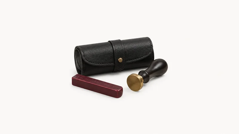 Isolated a black leather-cased law seal with wax stick centred on a seamless pale off-white studio background, generous empty margin on every side for overlaid branding