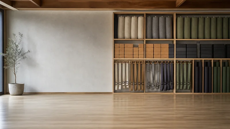 Wide interior view of a prop wall of blocks straps and bolsters with no people, soft even indoor light, clean uncluttered foreground for text