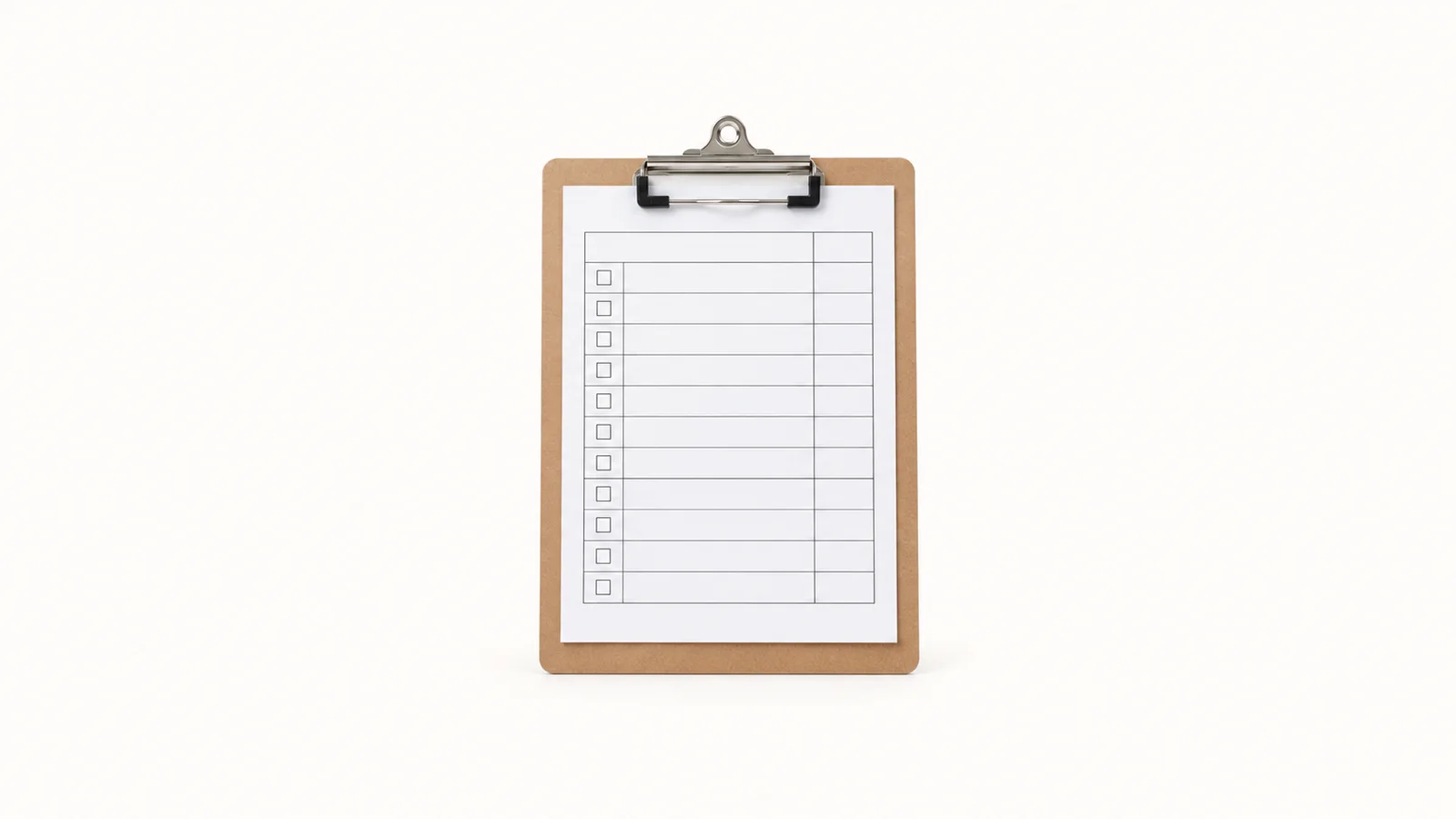 Isolated a blank clipboard inspection sheet with a boxed checklist grid centred on a seamless pale off-white studio background, generous empty margin on every side for overlaid branding