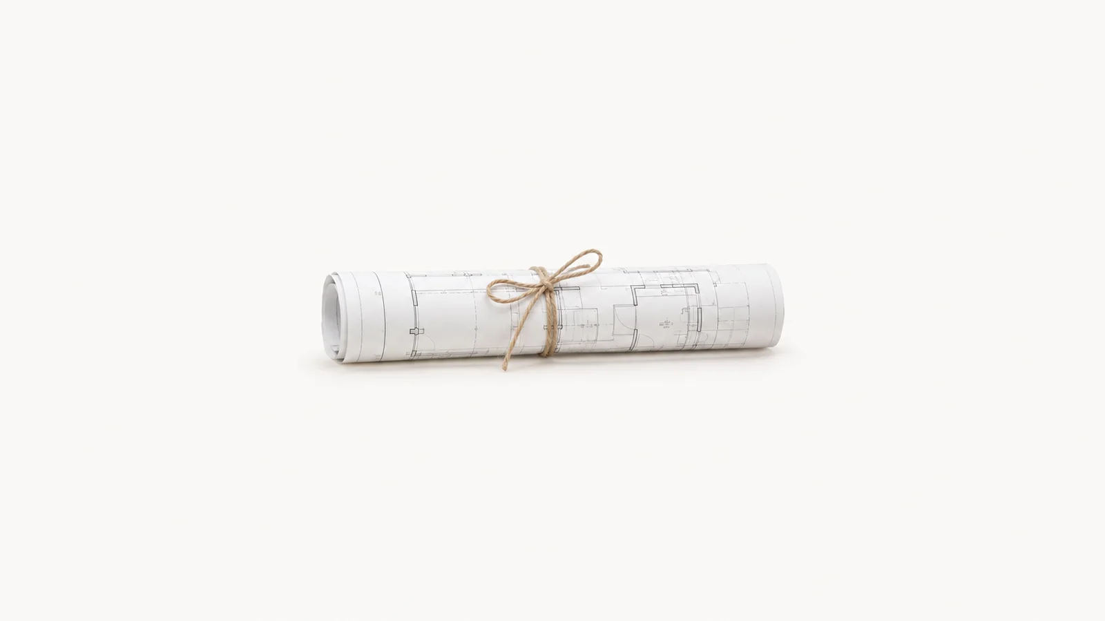 Isolated a rolled architectural floor plan tied with string centred on a seamless pale off-white studio background, generous empty margin on every side for overlaid branding