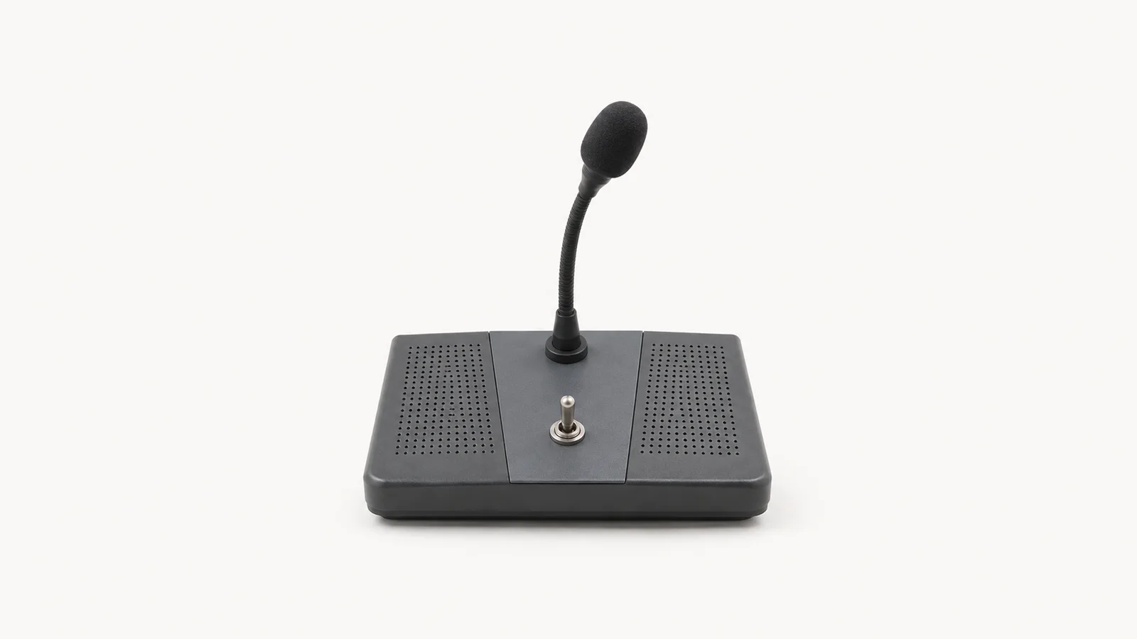 Isolated a desk-mounted interpreting console with a single toggle switch centred on a seamless pale off-white studio background, generous empty margin on every side for overlaid branding