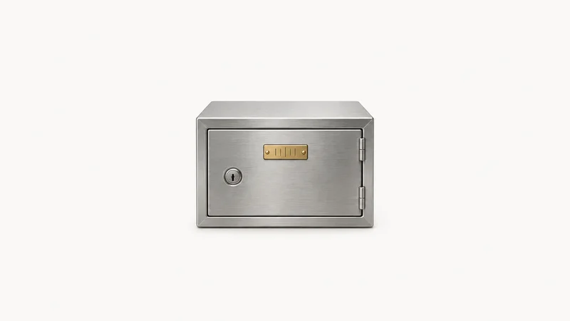Isolated a stainless steel safe-deposit box with a numbered brass plate centred on a seamless pale off-white studio background, generous empty margin on every side for overlaid branding