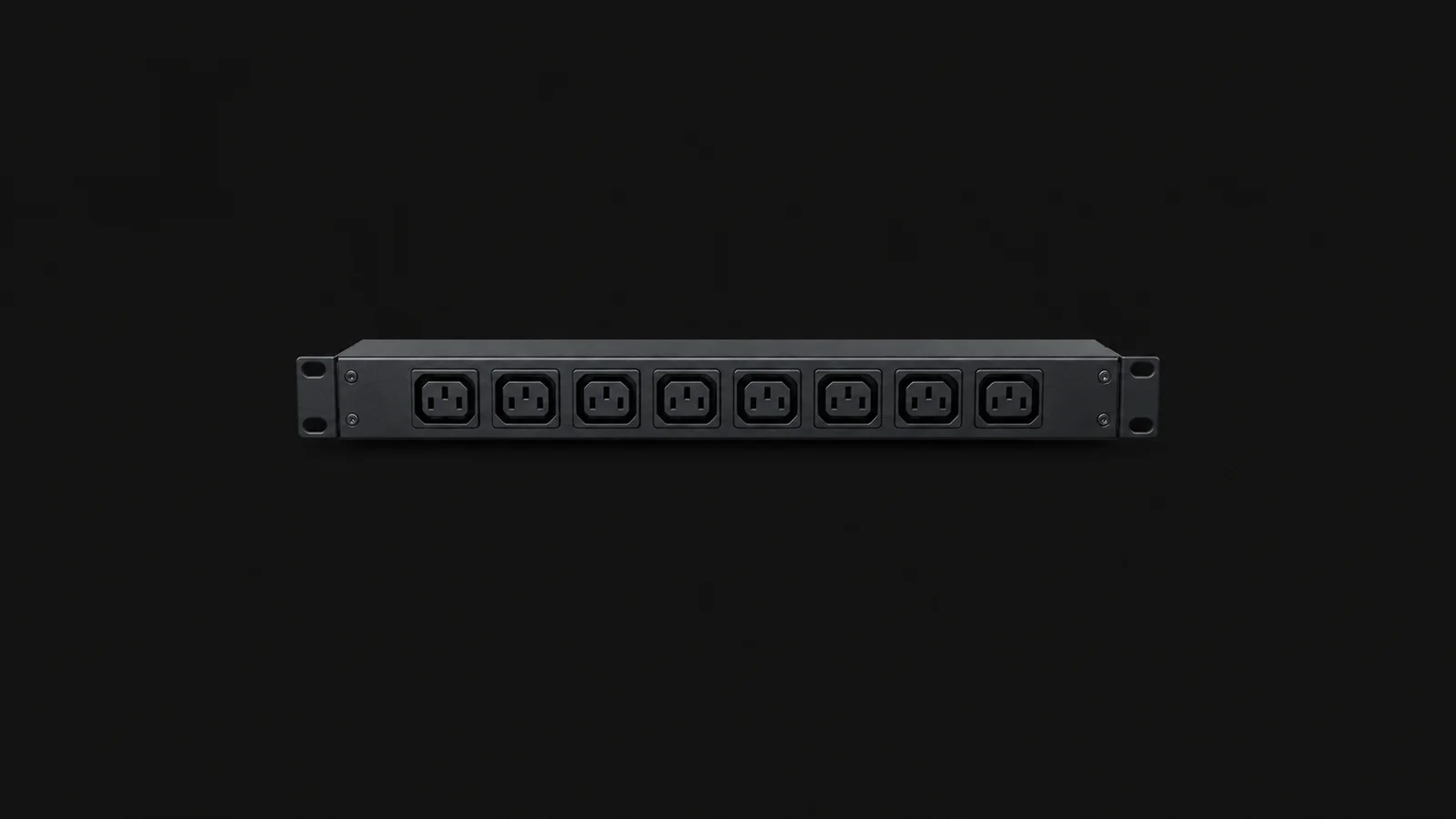 Isolated a rack-mount power distribution unit with a row of outlets centred on a seamless deep charcoal near-black studio background, generous empty margin on every side for overlaid branding