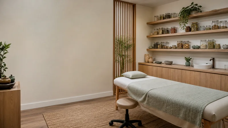 Wide interior view of a herbal medicine consultation room with no people, soft even indoor light, clean uncluttered foreground for text