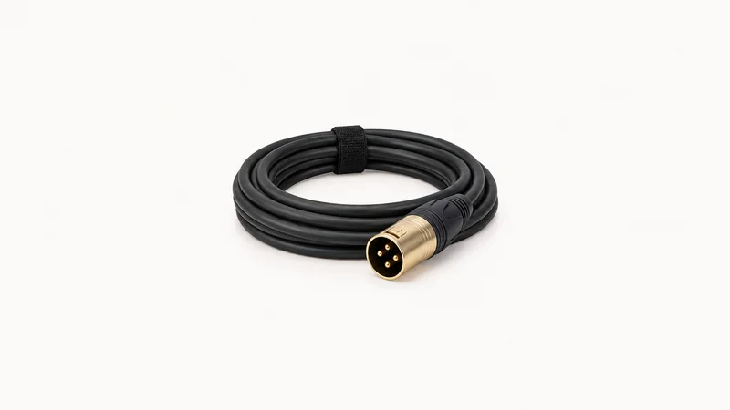 Isolated a coiled XLR cable with a gold-plated connector centred on a seamless pale off-white studio background, generous empty margin on every side for overlaid branding