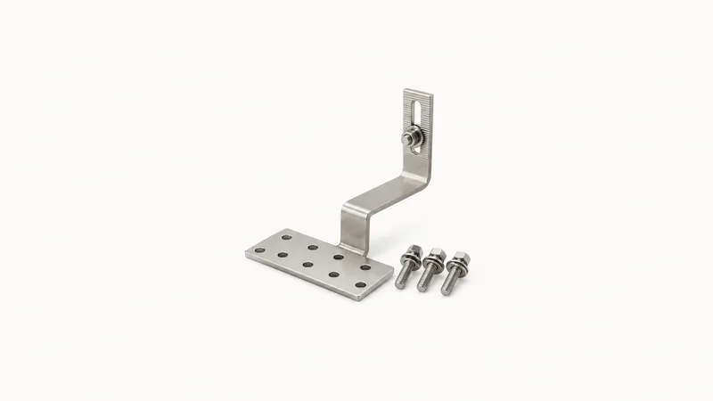Isolated a roof-hook bracket of stainless steel with fixing bolts centred on a seamless pale off-white studio background, generous empty margin on every side for overlaid branding