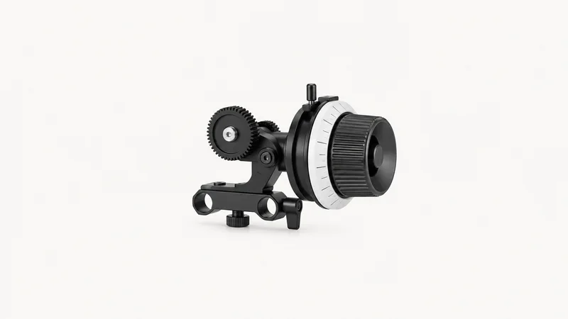 Isolated a follow-focus unit with a marked white disc centred on a seamless pale off-white studio background, generous empty margin on every side for overlaid branding