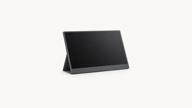 Isolated a portable second monitor folded on its stand centred on a seamless pale off-white studio background, generous empty margin on every side for overlaid branding