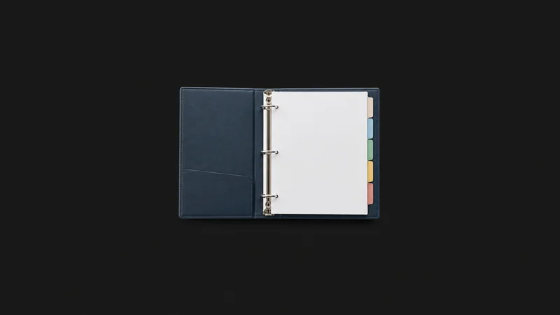 Isolated a ring binder of blank tabbed dividers centred on a seamless deep charcoal near-black studio background, generous empty margin on every side for overlaid branding