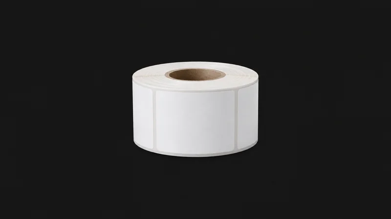 Isolated a roll of blank shipping labels on a spool centred on a seamless deep charcoal near-black studio background, generous empty margin on every side for overlaid branding