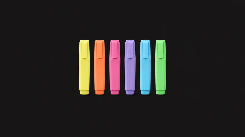 Isolated a set of coloured highlighter pens in a row centred on a seamless deep charcoal near-black studio background, generous empty margin on every side for overlaid branding