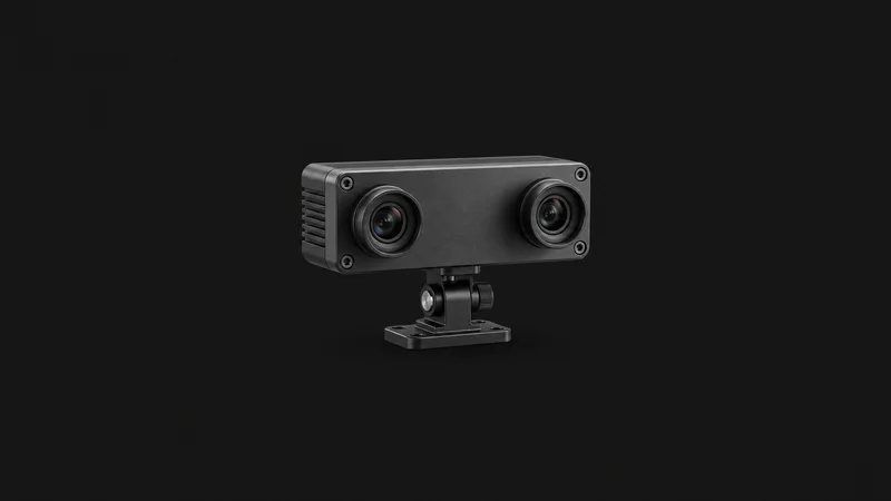 Isolated a stereo camera module on a small mount centred on a seamless deep charcoal near-black studio background, generous empty margin on every side for overlaid branding