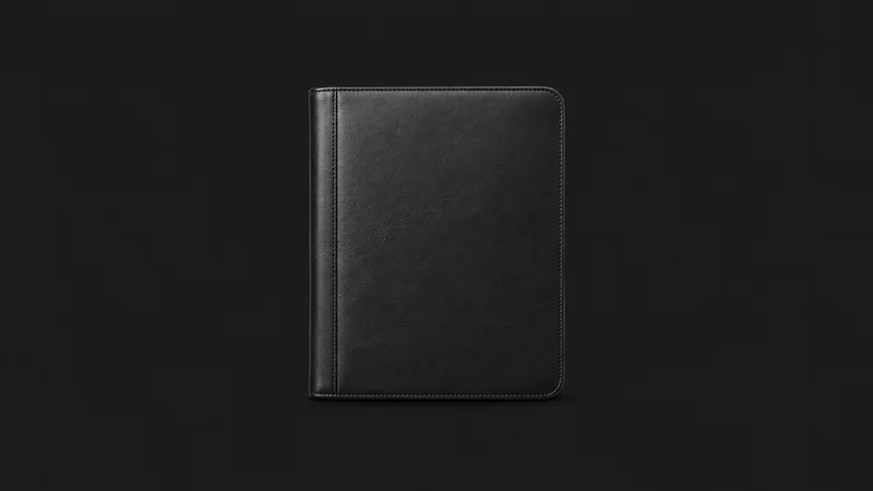Isolated a black leather document portfolio closed with a blank cover centred on a seamless deep charcoal near-black studio background, generous empty margin on every side for overlaid branding