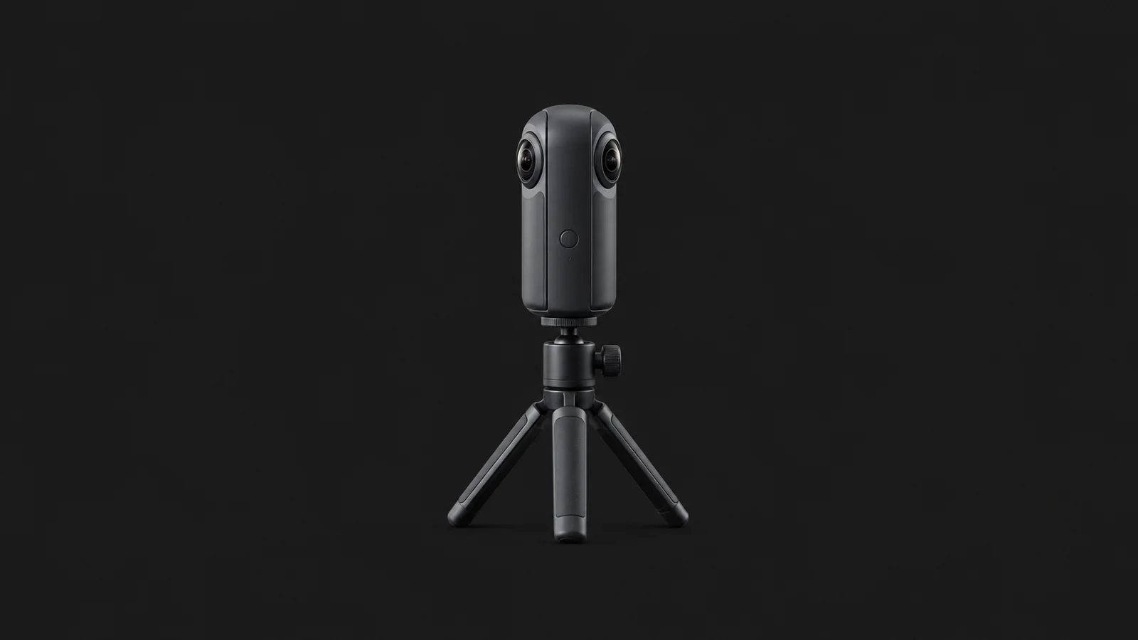 Isolated a compact 360-degree property-scanning camera on a small tripod centred on a seamless deep charcoal near-black studio background, generous empty margin on every side for overlaid branding