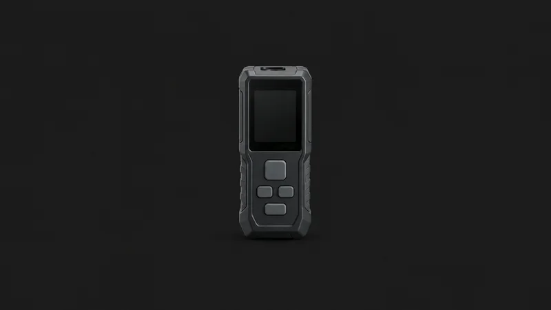 Isolated a laser distance-measuring tool with a blank display panel centred on a seamless deep charcoal near-black studio background, generous empty margin on every side for overlaid branding
