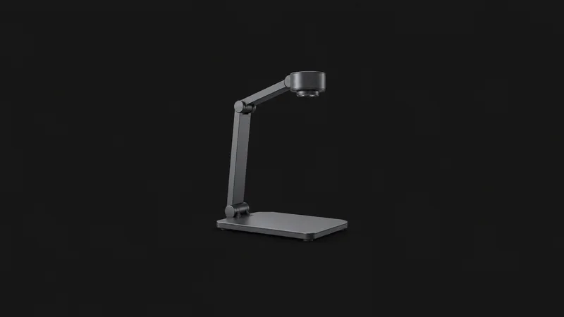 Isolated a document camera on a folding arm above a blank base plate centred on a seamless deep charcoal near-black studio background, generous empty margin on every side for overlaid branding