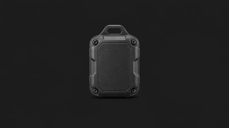 Isolated a cellular iot tracker in a sealed black enclosure with a loop mount centred on a seamless deep charcoal near-black studio background, generous empty margin on every side for overlaid branding