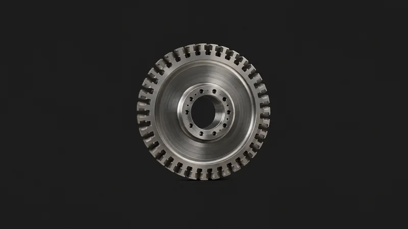 Isolated a nickel-alloy turbine disc with fir-tree slots centred on a seamless deep charcoal near-black studio background, generous empty margin on every side for overlaid branding
