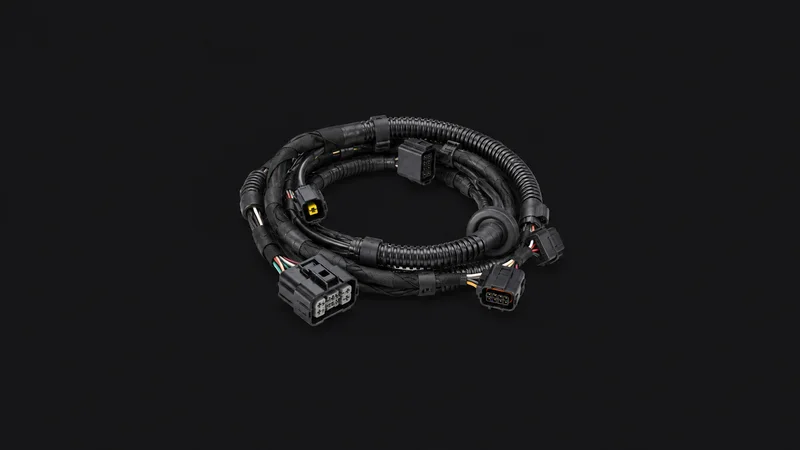 Isolated a car wiring harness coiled with its connectors centred on a seamless deep charcoal near-black studio background, generous empty margin on every side for overlaid branding