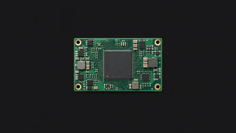 Isolated a populated circuit board with a ball-grid-array chip centred on a seamless deep charcoal near-black studio background, generous empty margin on every side for overlaid branding