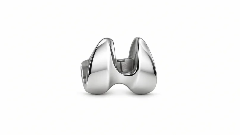 Isolated a cobalt-chrome knee-implant femoral component centred on a seamless pale off-white studio background, generous empty margin on every side for overlaid branding