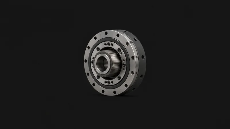 Isolated a harmonic-drive reduction gear with a flexspline centred on a seamless deep charcoal near-black studio background, generous empty margin on every side for overlaid branding
