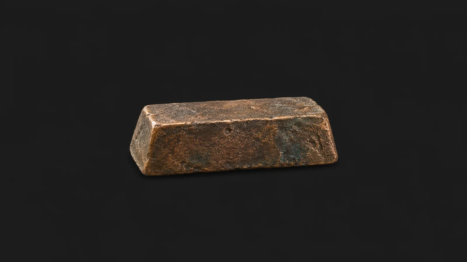 Isolated a cast bronze ingot with a rough oxide skin centred on a seamless deep charcoal near-black studio background, generous empty margin on every side for overlaid branding
