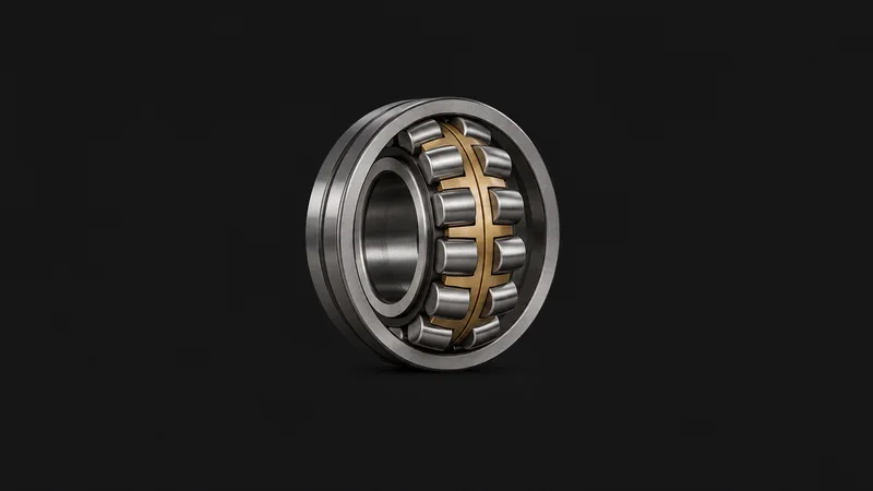 Isolated a heavy spherical roller bearing with a brass cage centred on a seamless deep charcoal near-black studio background, generous empty margin on every side for overlaid branding