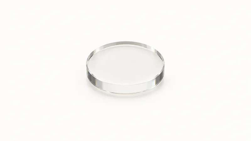 Isolated a fused-silica optical flat with a bevelled edge centred on a seamless pale off-white studio background, generous empty margin on every side for overlaid branding