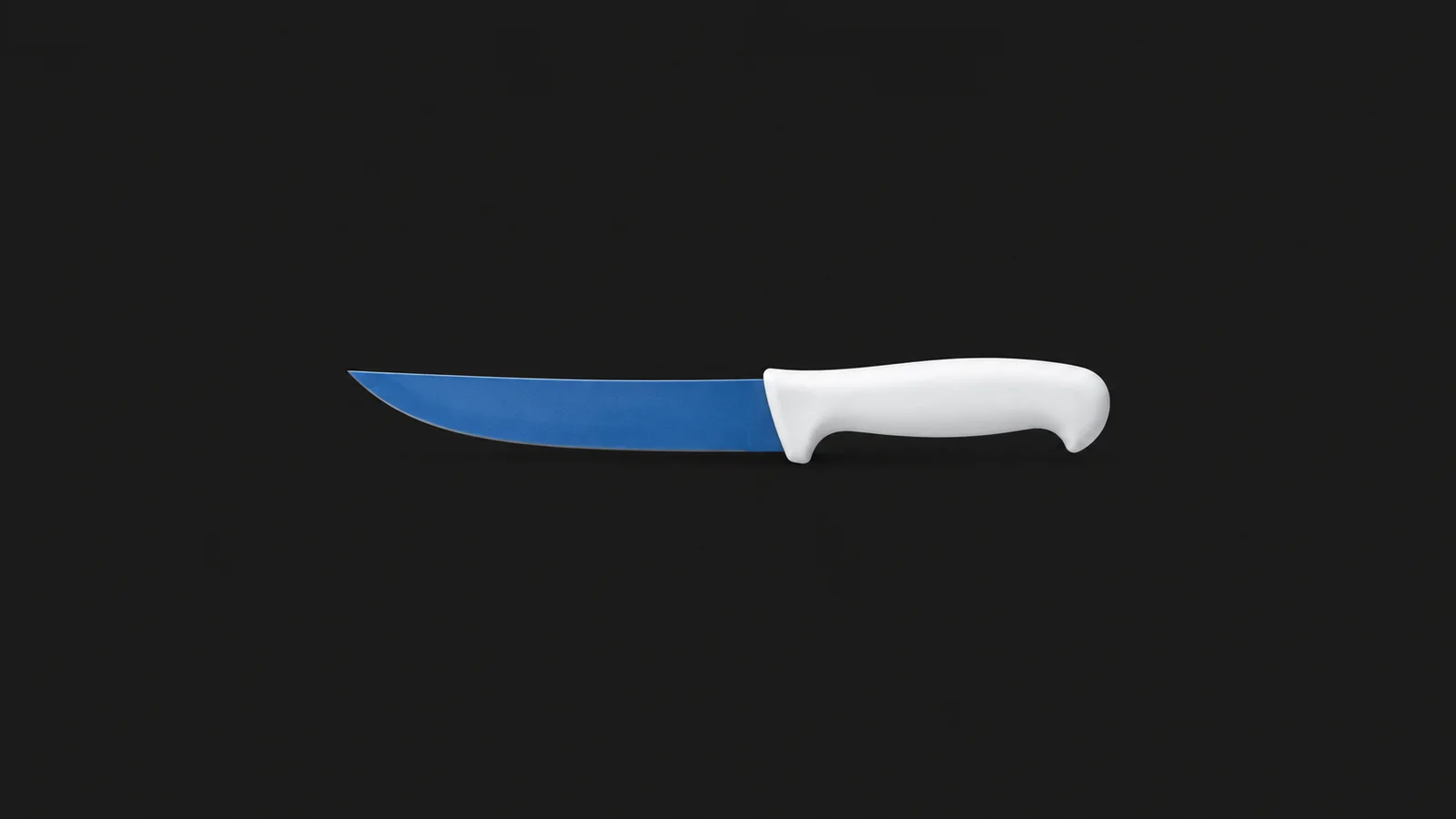 Isolated a blue-detectable food-plant knife with a white handle centred on a seamless deep charcoal near-black studio background, generous empty margin on every side for overlaid branding
