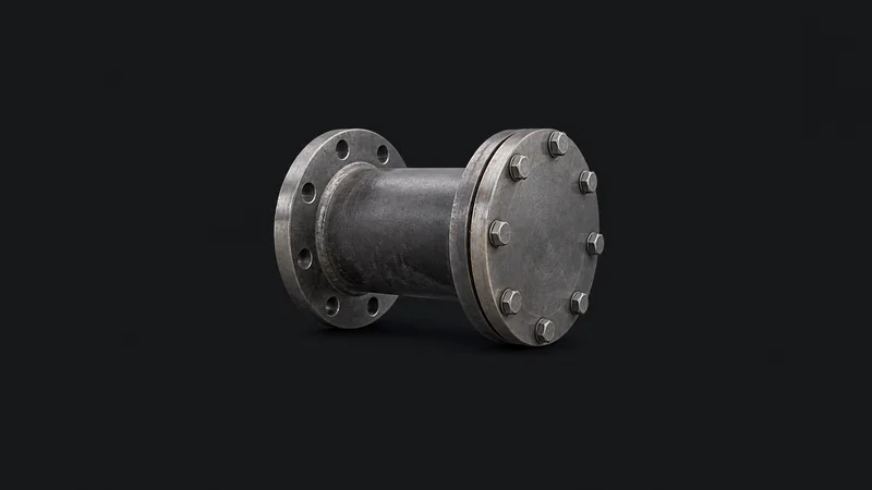 Isolated a flanged pipe spool with a bolted blind plate centred on a seamless deep charcoal near-black studio background, generous empty margin on every side for overlaid branding