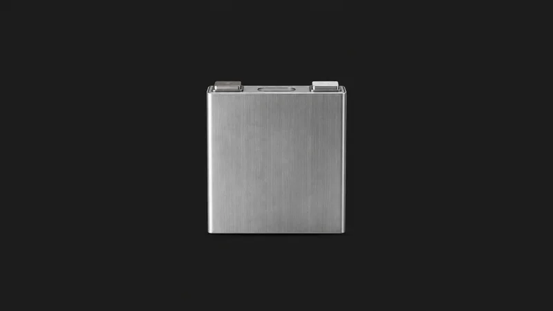 Isolated a prismatic battery cell in an aluminium case centred on a seamless deep charcoal near-black studio background, generous empty margin on every side for overlaid branding
